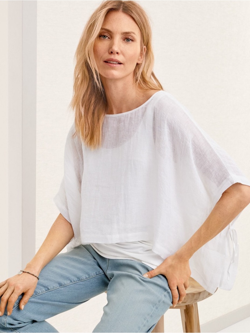 Eileen Fisher White Organic Linen Cropped Poncho S/M